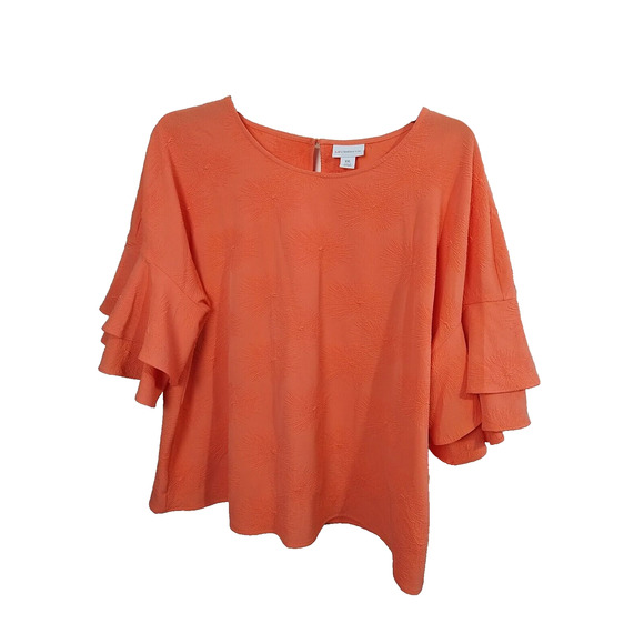 Liz Claiborne Woman XXL Blouse Orange Floral Textured Ruffle Tiered Short Sleeve - Picture 1 of 9